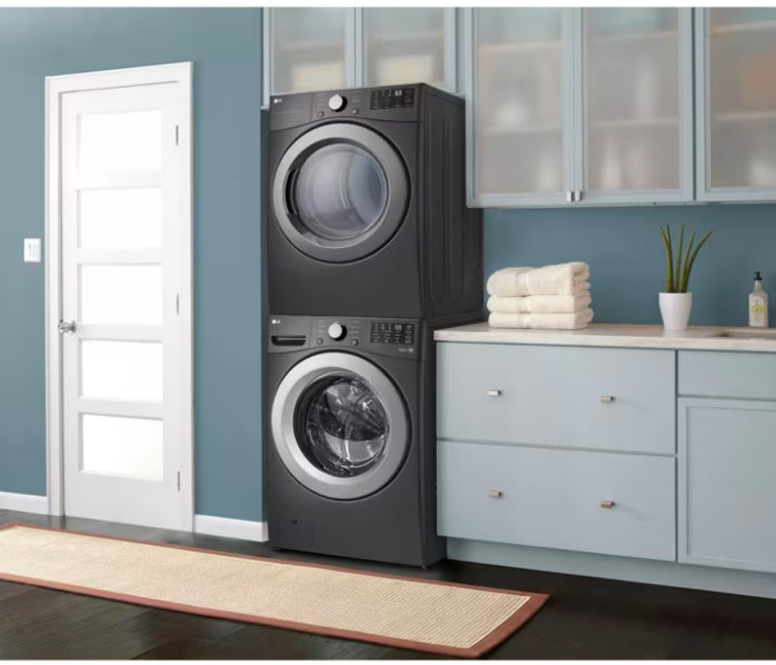 LG
5.0 cu. ft. Stackable Front Load Washer with 6 Motion Cleaning Technology and 
7.4 cu. ft. Vented Stackable Electric Dryer with Sensor Dry Technology on silver color