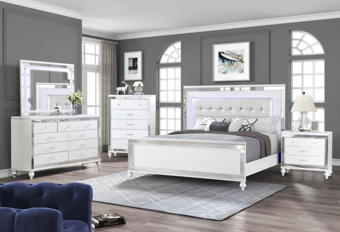 B516 - EMMA WHITE 5 PC (Queen Bed, Dresser, Mirror, Nightstand, (FreeChest)