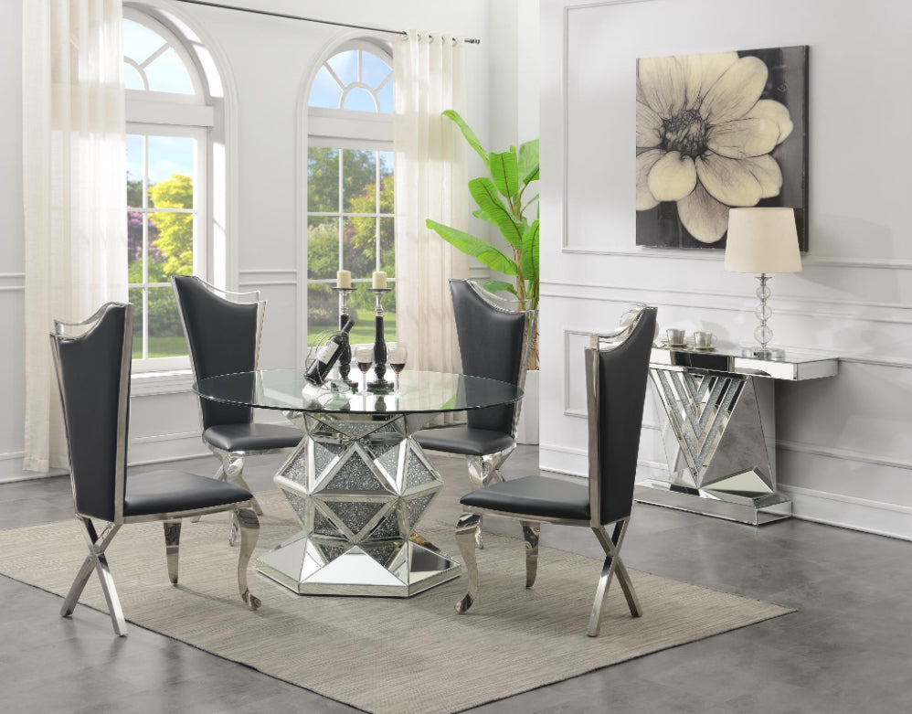 G-102-5PC-LEATHER GLAMOUR DINING TABLE & 4 BLACK LEATHER OR GRAY CHAIRS