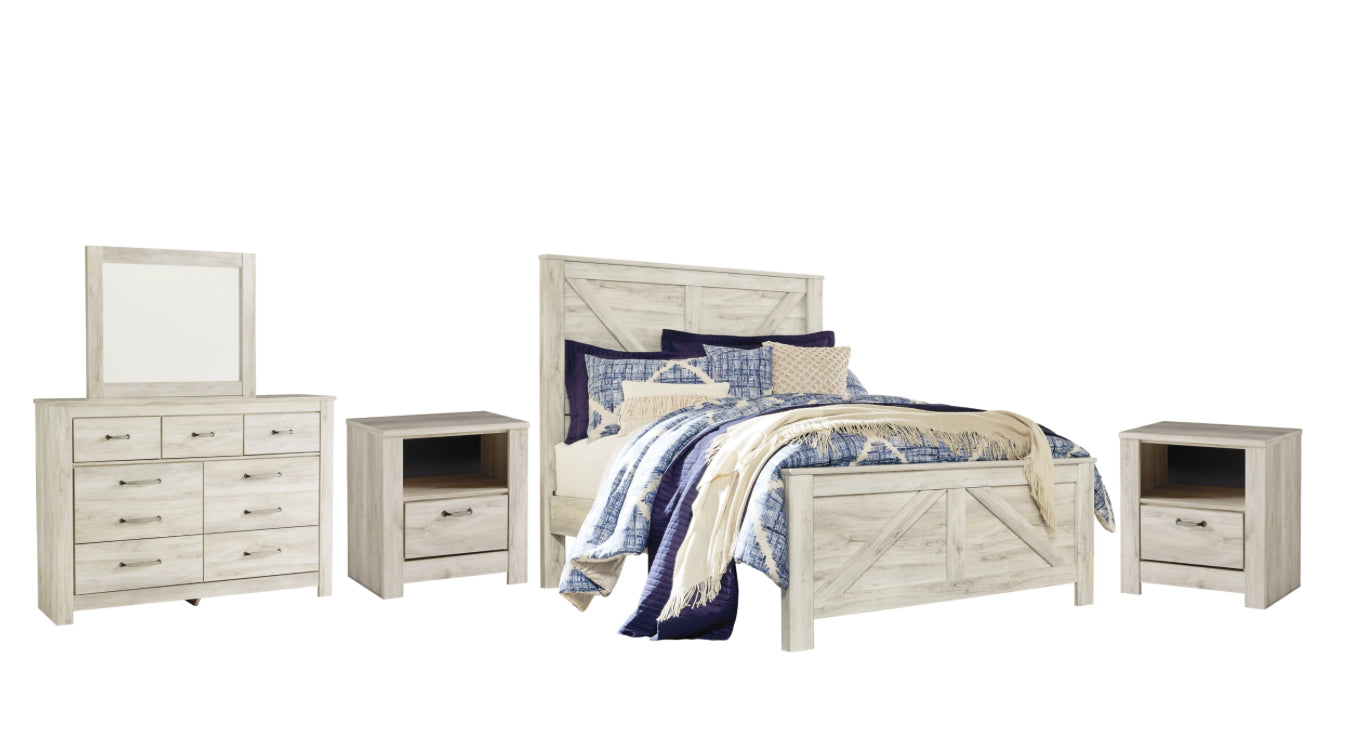 Bellaby Queen Crossbuck Panel Bed with Mirrored Dresser and 2 Nightstands