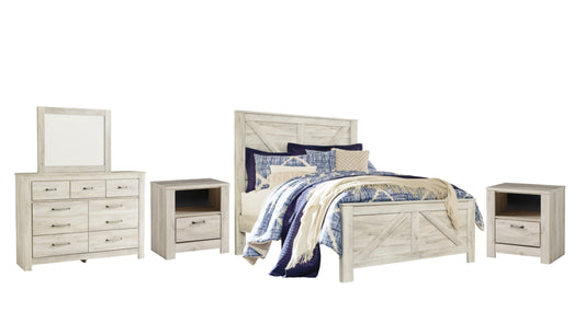 Bellaby Queen Crossbuck Panel Bed with Mirrored Dresser and 2 Nightstands