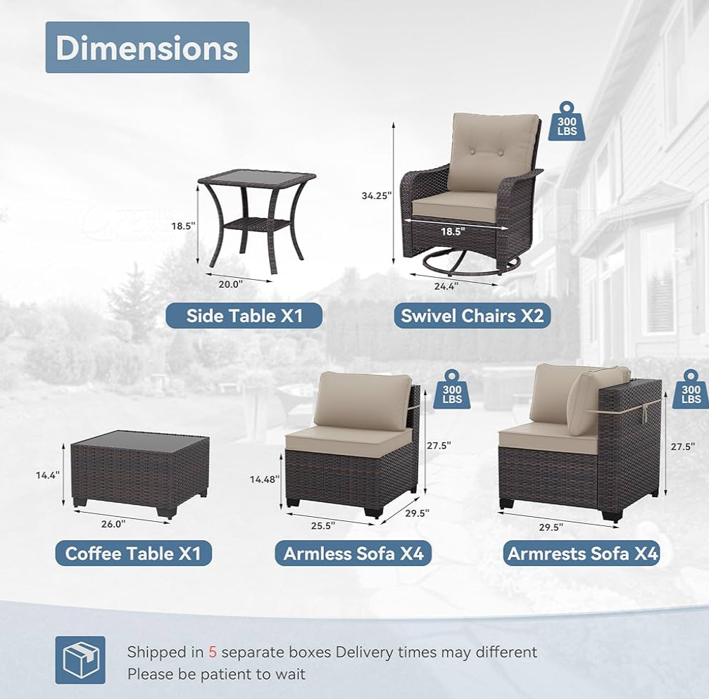 12 Pieces Patio Furniture Set, Rattan Wicker Sofa Set, Outdoor Conversation Sets w/Swivel Rocking Chairs Patio Sectional Sofa w/4 Inch Cushion, Sand