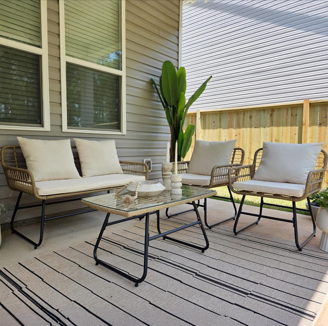 Outdoor Patio Conversation Set 4 Pieces, Wicker Furniture with Soft Cushion & Coffee Table, Rattan Bistro Set Patio Set Chairs with Side Table for Backyard, Balcony, Deck, Beige