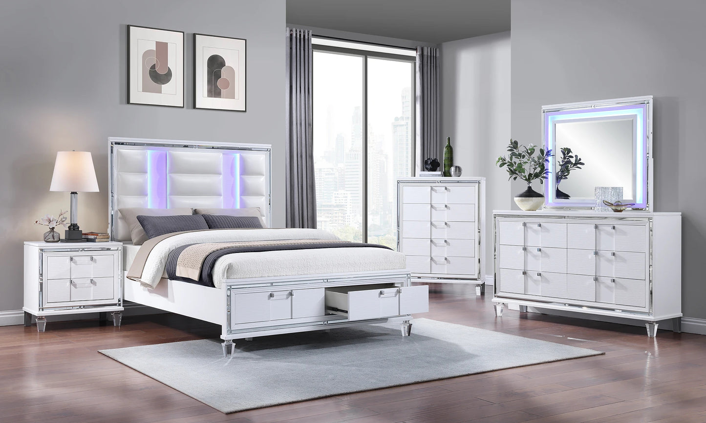 Zara White 5 Piece Set Includes: King Bed, Dresser, Mirror, Nightstand, Chest
