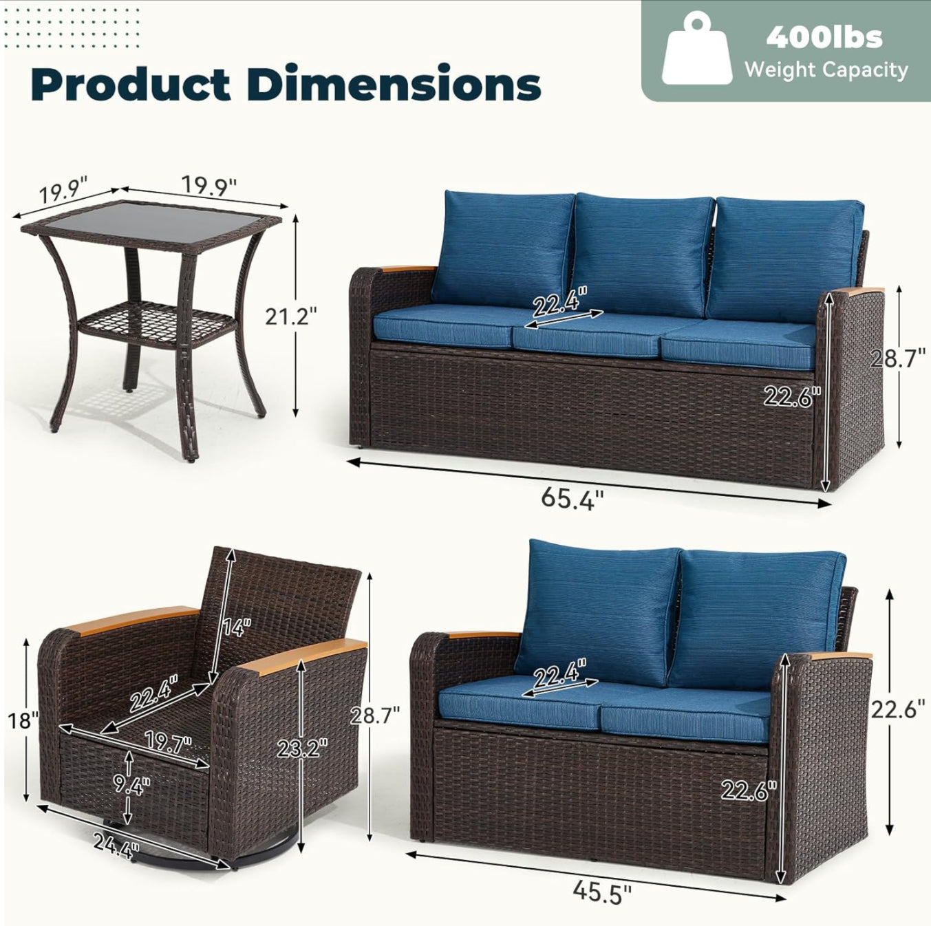 6 Pieces Patio Furniture Sets with Swivel Chairs, Outdoor Furniture Set for Porch Deck Bistro Lawn Garden Backyard Poolsid-Brown Rattan/Navy Blue