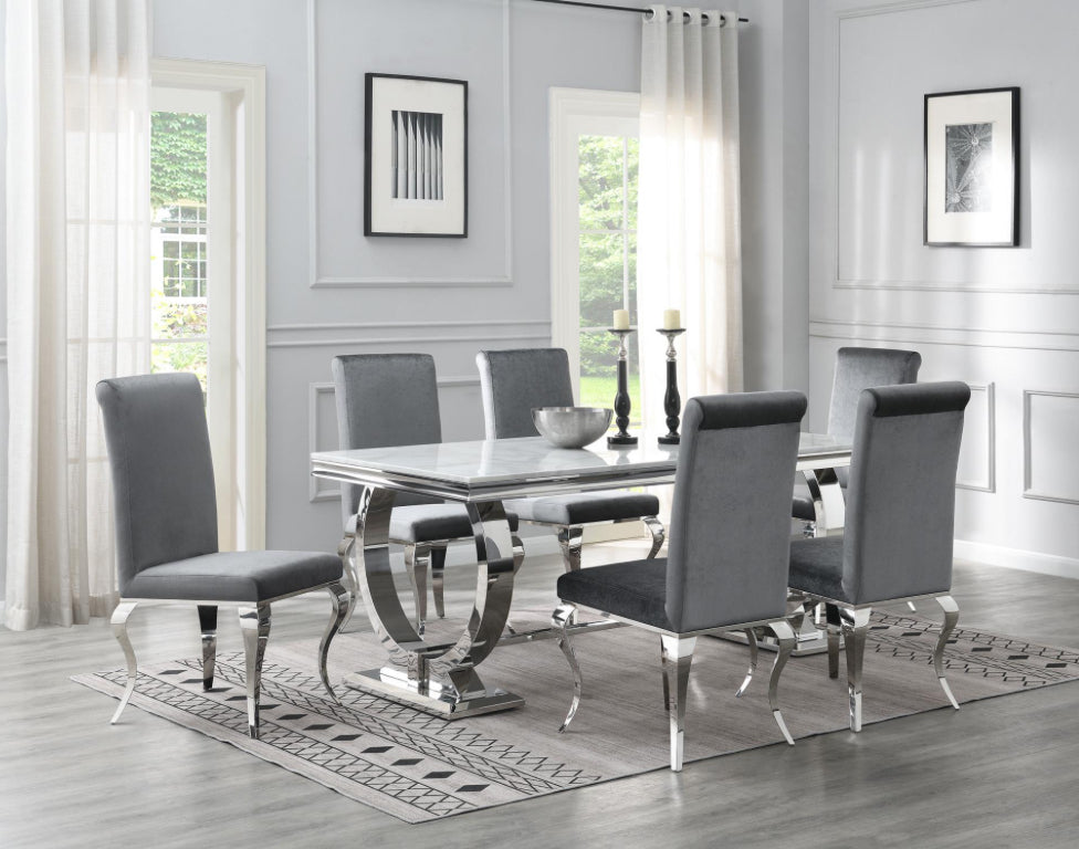 G-082-7pc luxurious marble DINING TABLE (WHITE MARBLE) & 6 GRAY VELVET CHAIRS