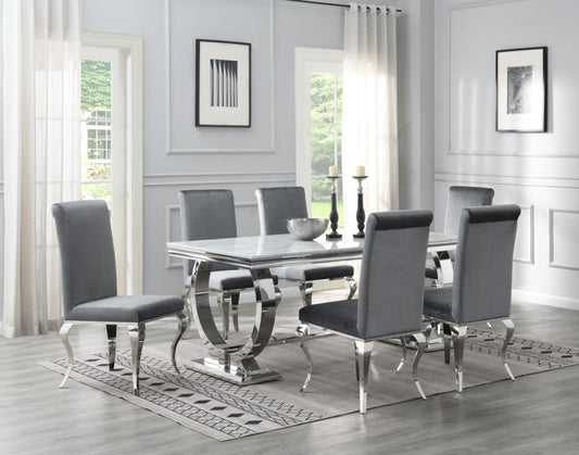 G-082-7pc luxurious marble DINING TABLE (WHITE MARBLE) & 6 GRAY VELVET CHAIRS