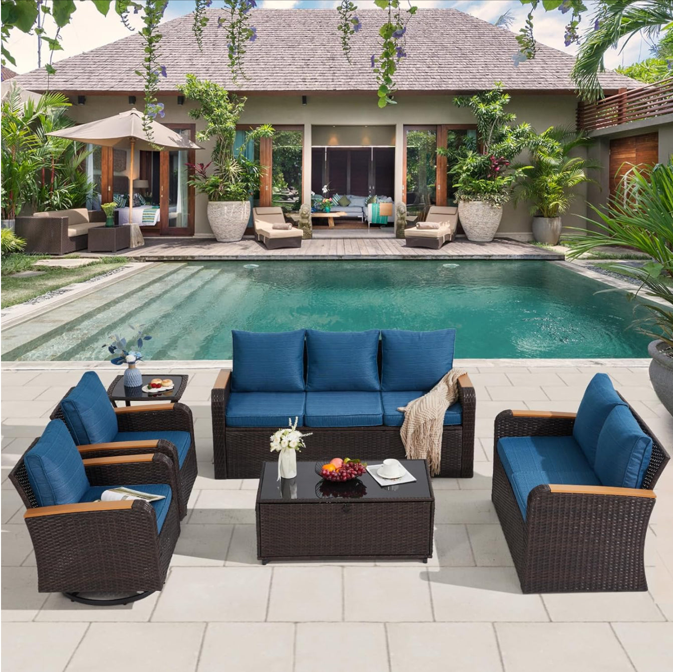 6 Pieces Patio Furniture Sets with Swivel Chairs, Outdoor Furniture Set for Porch Deck Bistro Lawn Garden Backyard Poolsid-Brown Rattan/Navy Blue