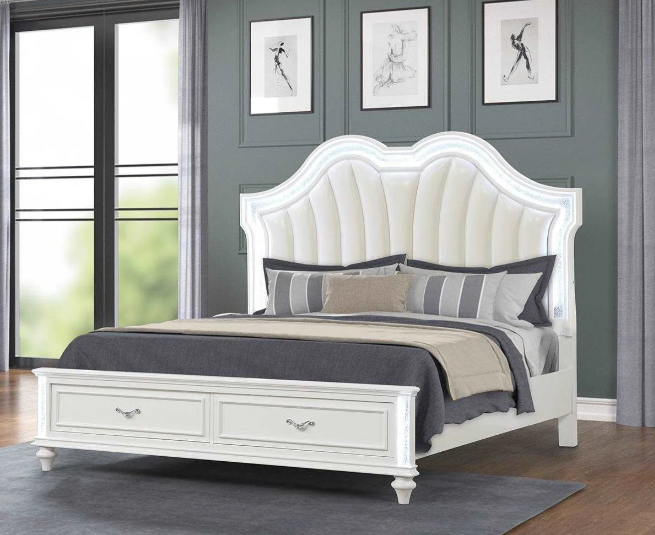 Evangeline White 4 Piece Set Includes: Queen Bed, Dresser, Mirror, Nightstand