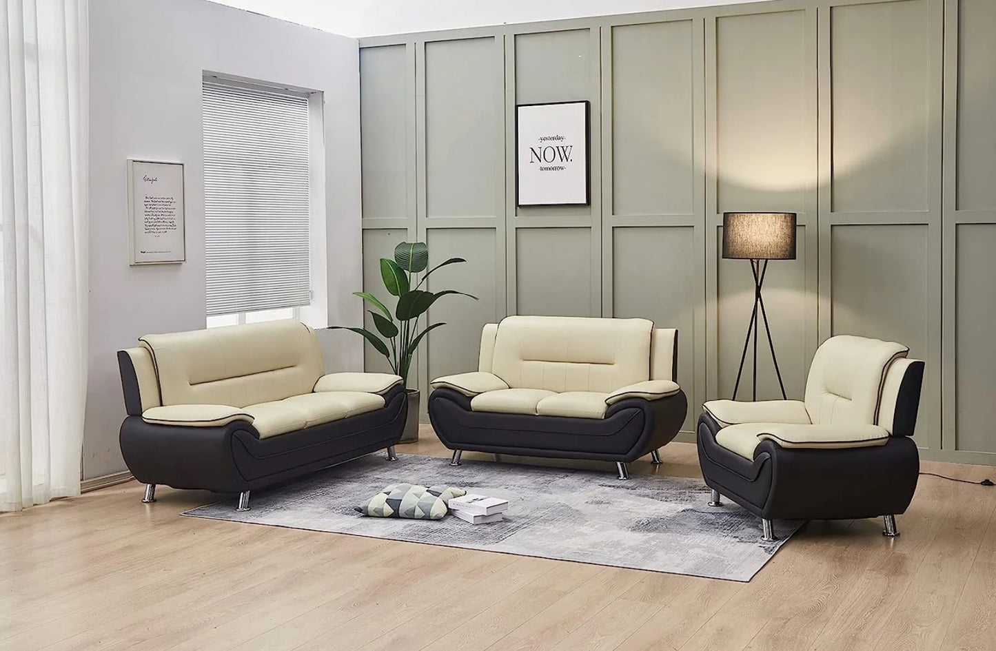 New York Beige & Black 3pc Sofa + Loveseat+chair