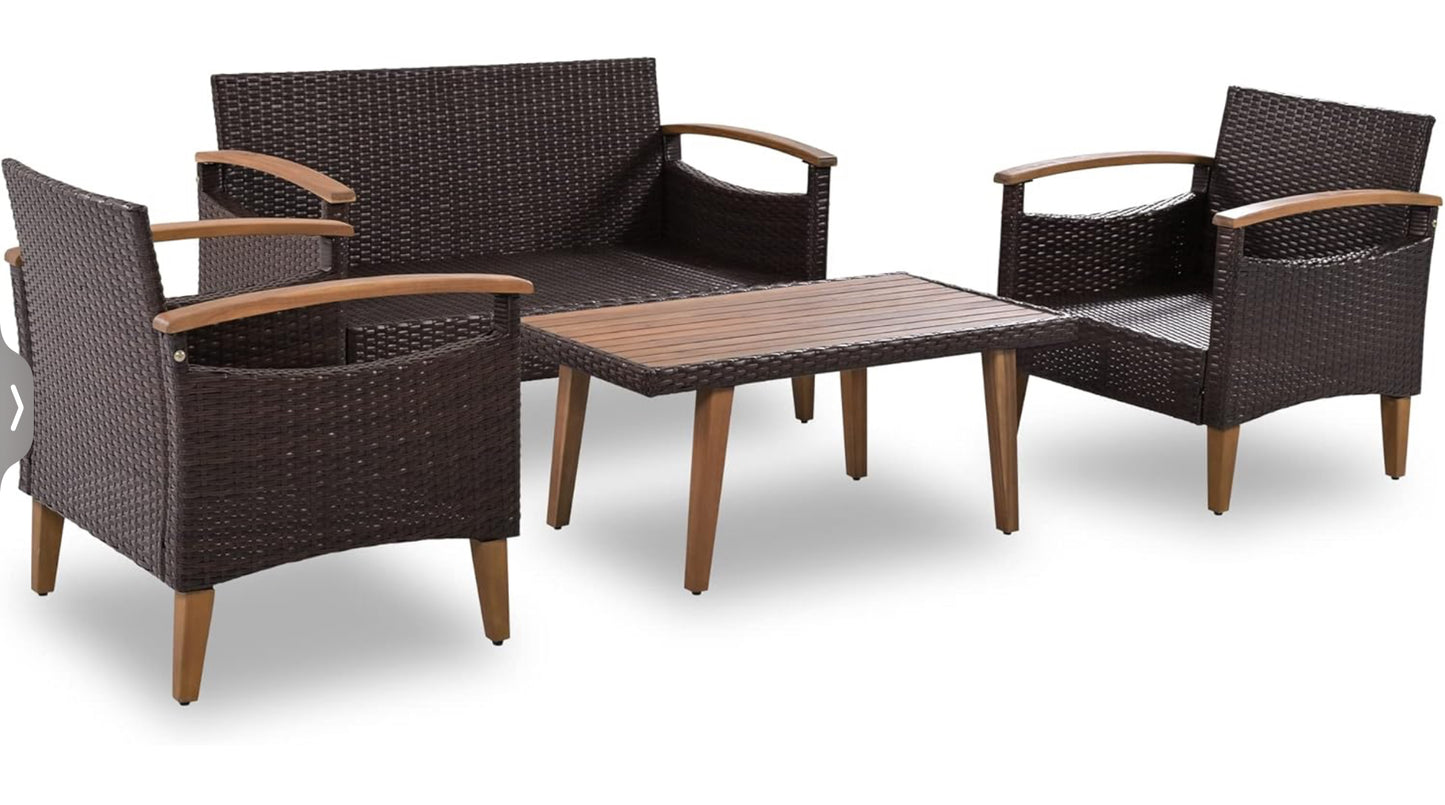 4 Piece Patio Conversation Set Rattan Chair Set Outdoor Furniture Set with Cushions and Coffee Table for Backyard Porch Poolside(Beige