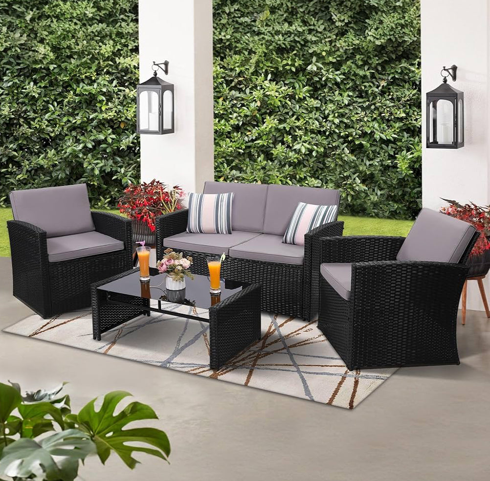 4 Pieces Patio Conversation Set, Outside Rattan Sectional Sofa, Cushioned Furniture Set, Wicker Sofa Ideal for Garden, Porch, Backyard, Black Color Rattan and Light Grey Cushion