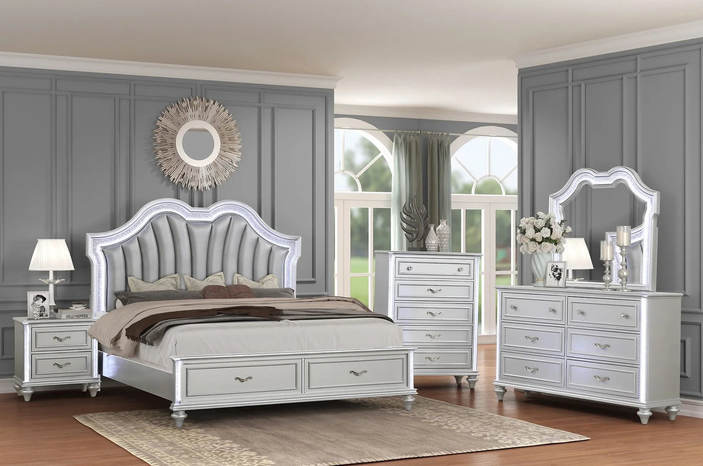 Evangeline Silver 4 Piece Set Includes: QUEEN Bed, Dresser, Mirror, Nightstand
