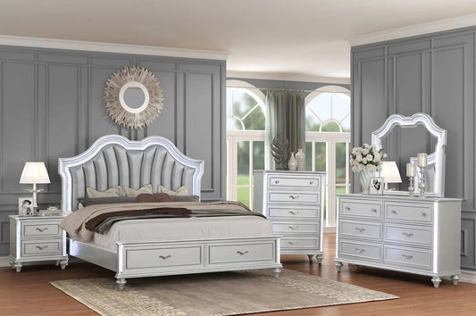 Evangeline Silver 4 Piece Set Includes: QUEEN Bed, Dresser, Mirror, Nightstand