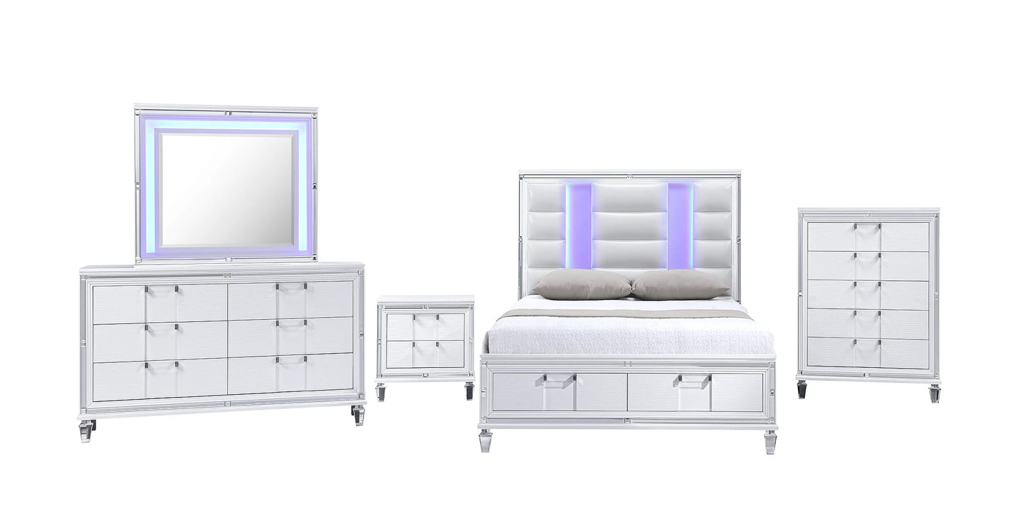 Zara White 5 Piece Set Includes: King Bed, Dresser, Mirror, Nightstand, Chest