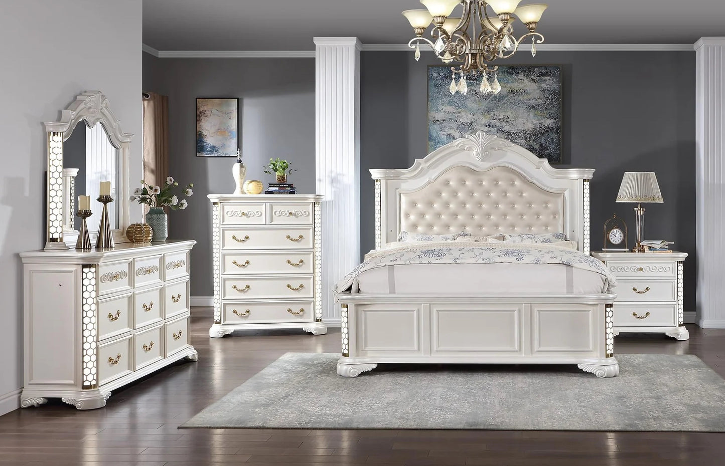 Amani 4 Piece Set Includes: Bed, Dresser, Mirror, Nightstand
