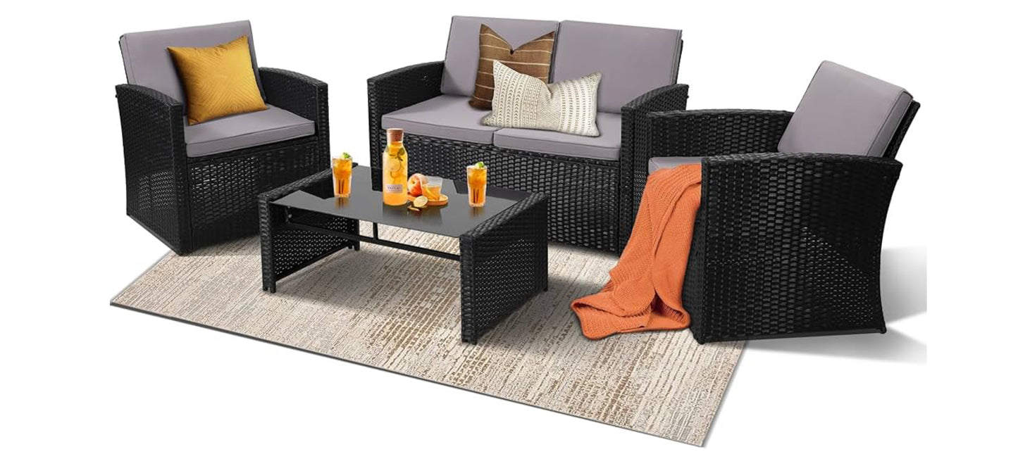 4 Pieces Patio Conversation Set, Outside Rattan Sectional Sofa, Cushioned Furniture Set, Wicker Sofa Ideal for Garden, Porch, Backyard, Black Color Rattan and Light Grey Cushion