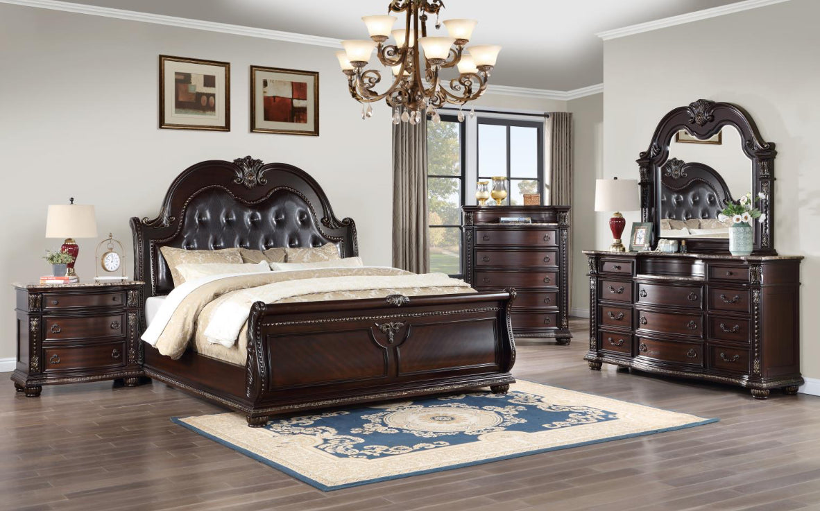 QUEEN BED FRAME - DRESSER - MIRROR - NIGHTSTAND (free chest )