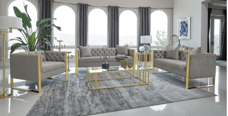 EASTBROOK LIVING ROOM 3-piece velvet upholstered tufled sofa set grey
