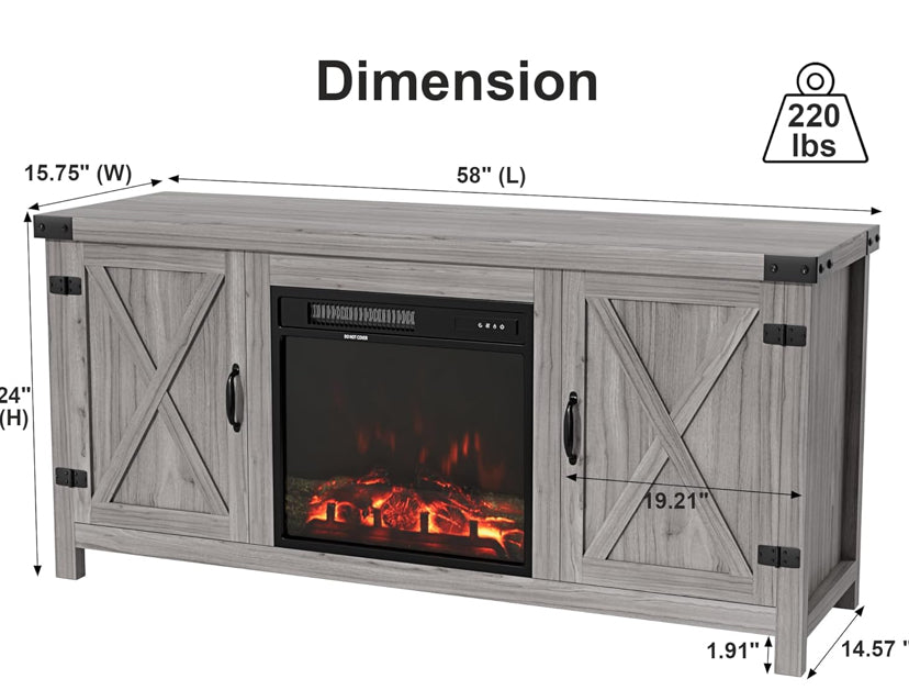 TV Stand with Fireplace for TVs up to 65 Inches features a rustic farmhouse design with slatted barn doors Gray color