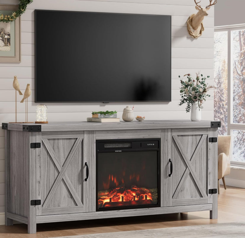 TV Stand with Fireplace for TVs up to 65 Inches features a rustic farmhouse design with slatted barn doors Gray color