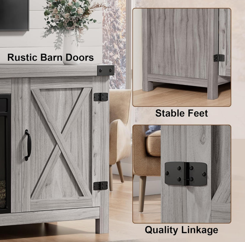 TV Stand with Fireplace for TVs up to 65 Inches features a rustic farmhouse design with slatted barn doors Gray color