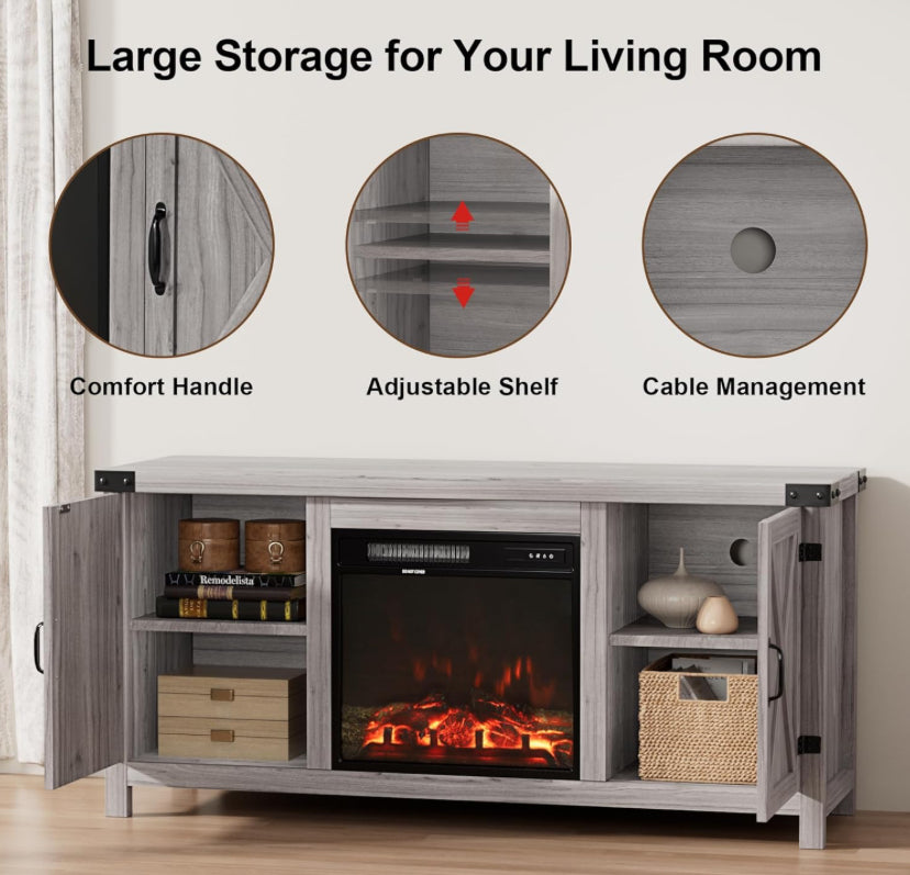 TV Stand with Fireplace for TVs up to 65 Inches features a rustic farmhouse design with slatted barn doors Gray color
