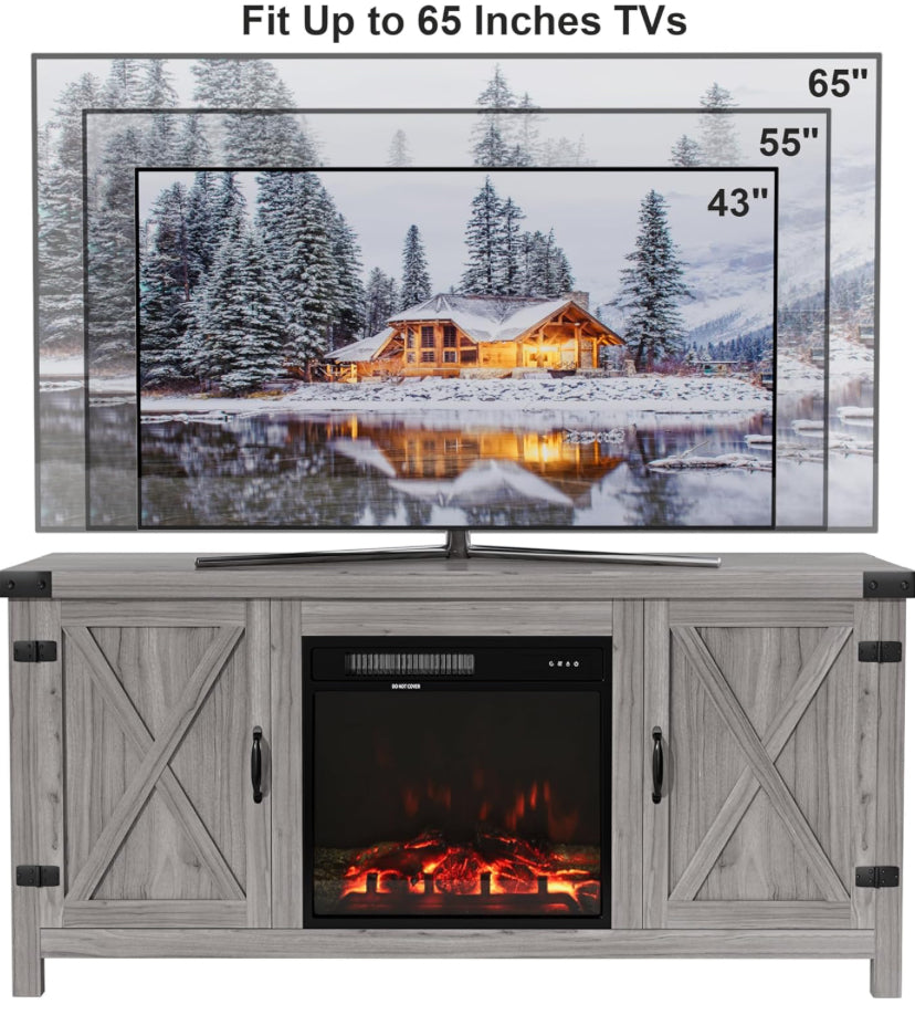 TV Stand with Fireplace for TVs up to 65 Inches features a rustic farmhouse design with slatted barn doors Gray color