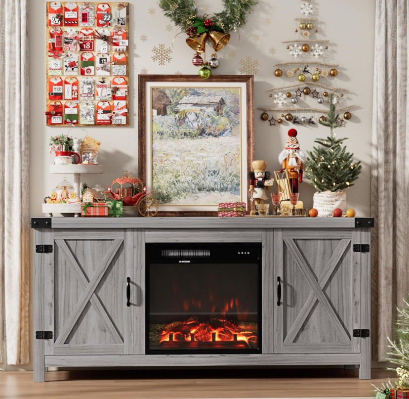 TV Stand with Fireplace for TVs up to 65 Inches features a rustic farmhouse design with slatted barn doors Gray color