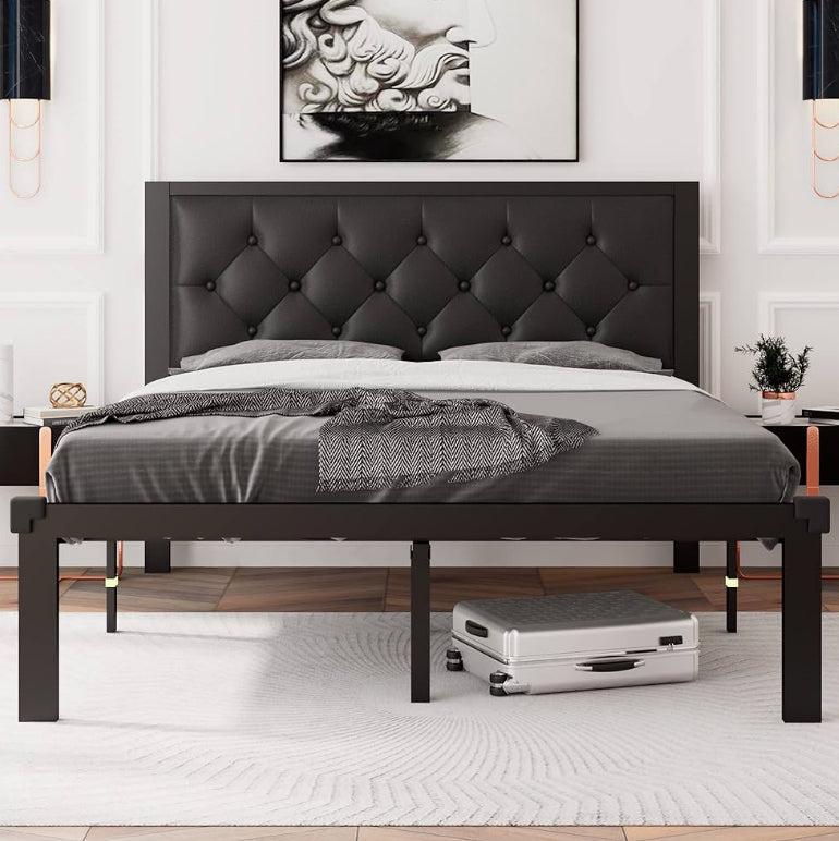 Queen Size Metal Bed Frame with a tufted faux leather headboard