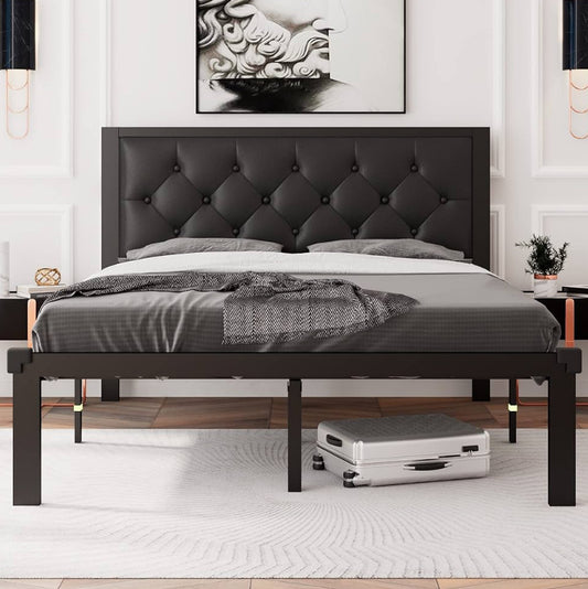 Queen Size Metal Bed Frame with a tufted faux leather headboard