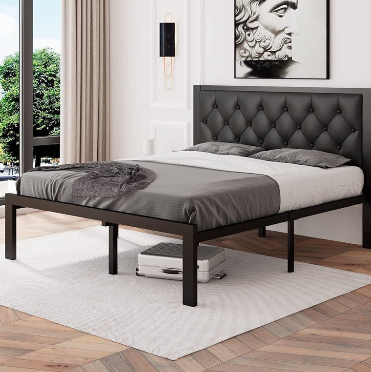 Queen Size Metal Bed Frame with a tufted faux leather headboard