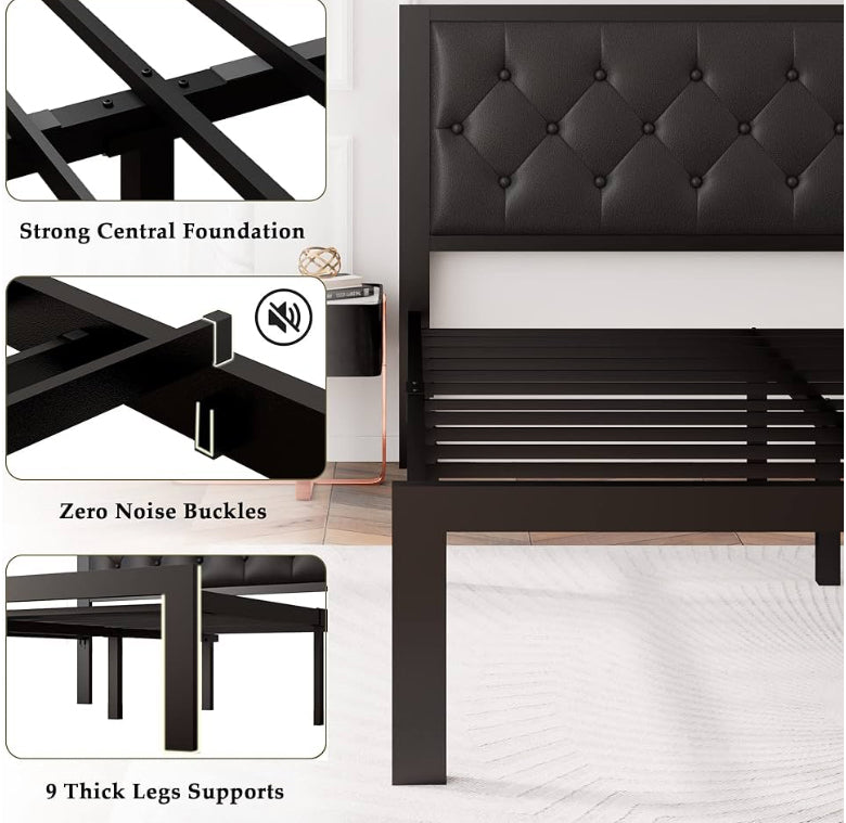 Queen Size Metal Bed Frame with a tufted faux leather headboard