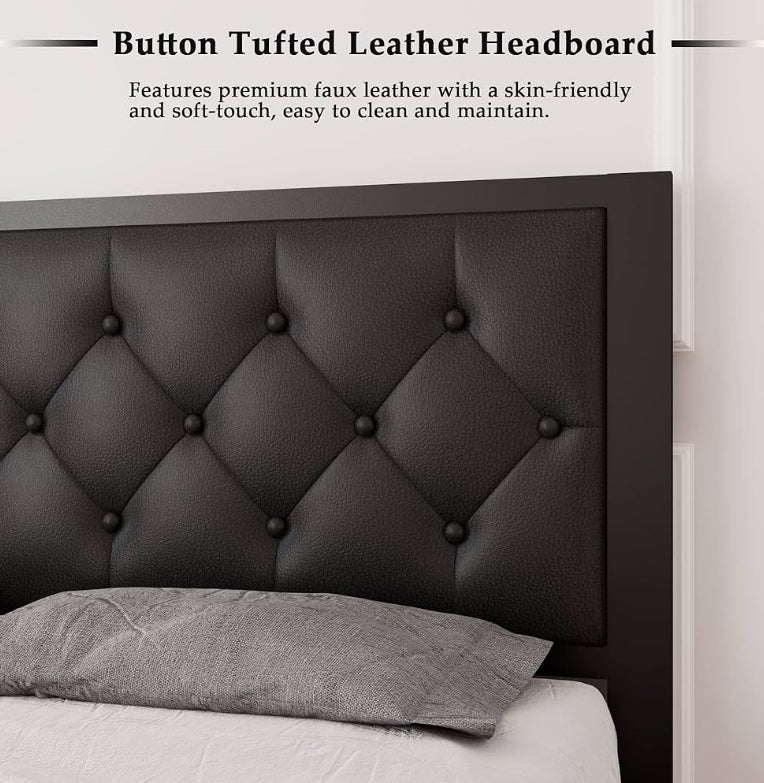 Queen Size Metal Bed Frame with a tufted faux leather headboard