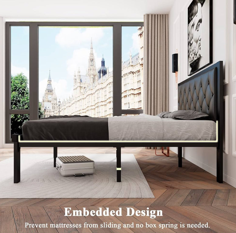 Queen Size Metal Bed Frame with a tufted faux leather headboard