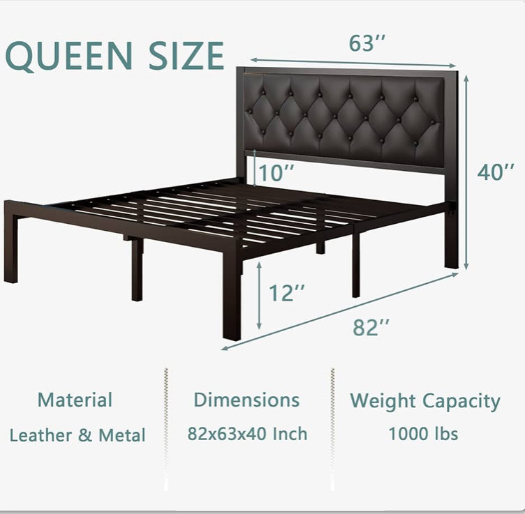 Queen Size Metal Bed Frame with a tufted faux leather headboard
