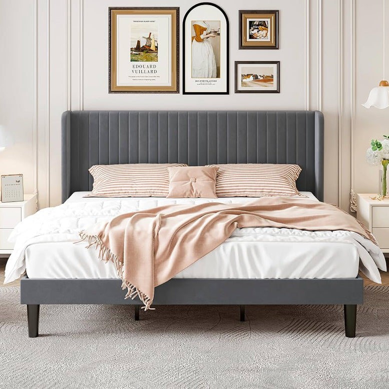 King Size Velvet Bed Frame with a vertically tufted headboard