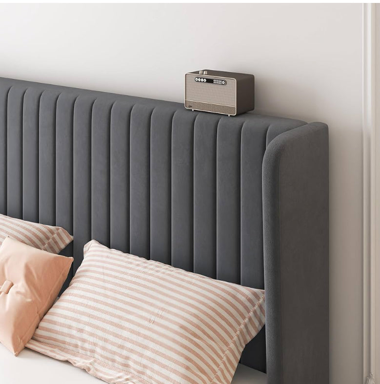 King Size Velvet Bed Frame with a vertically tufted headboard