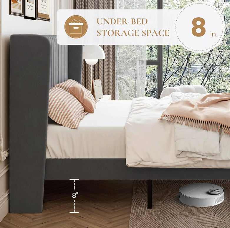 King Size Velvet Bed Frame with a vertically tufted headboard