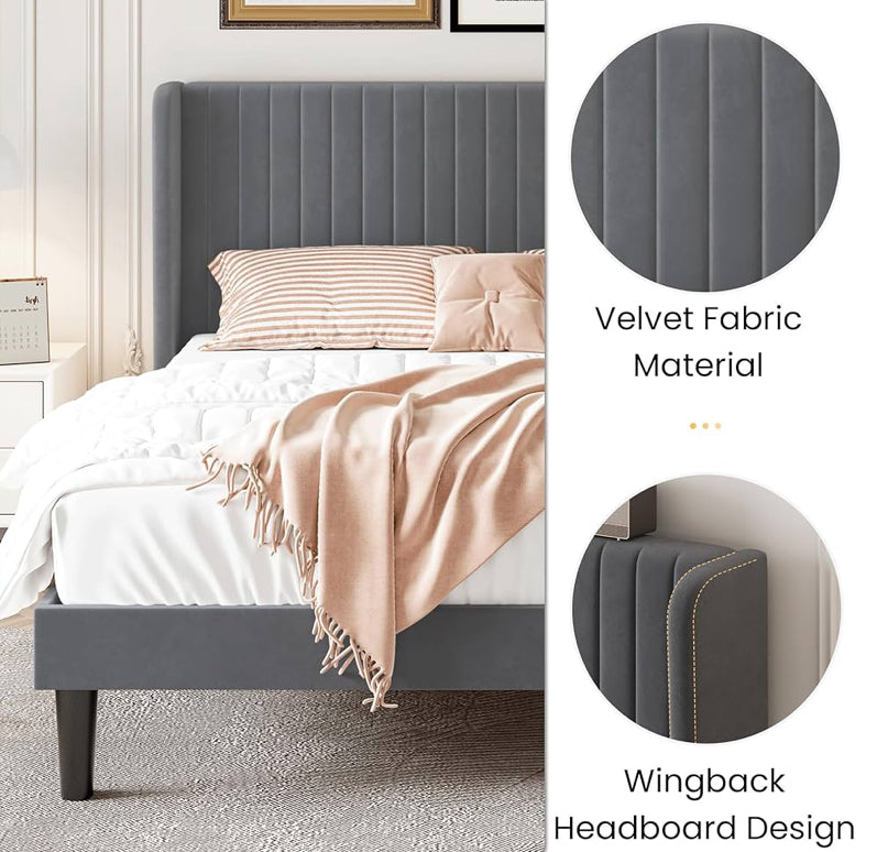 King Size Velvet Bed Frame with a vertically tufted headboard