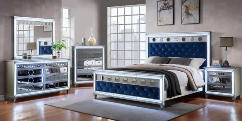 Gemma Blue king 5 Piece Set Includes: king Bed, Dresser, Mirror, Nightstand, Chest