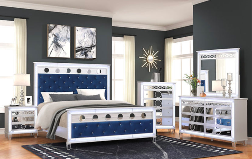 Gemma Blue king 5 Piece Set Includes: king Bed, Dresser, Mirror, Nightstand, Chest