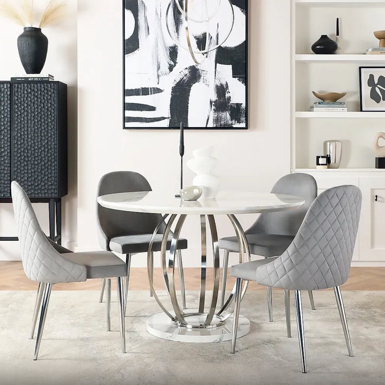 DANNA DINING TABLE WHITE MARBLE TOP with 4CHAIR on grey leather look