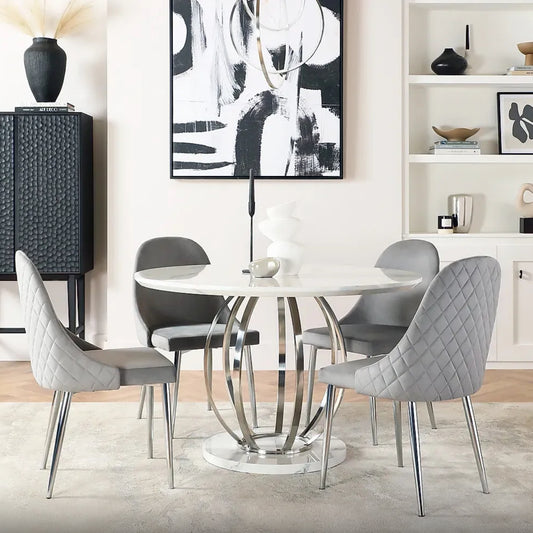 DANNA DINING TABLE WHITE MARBLE TOP with 4CHAIR on grey leather look