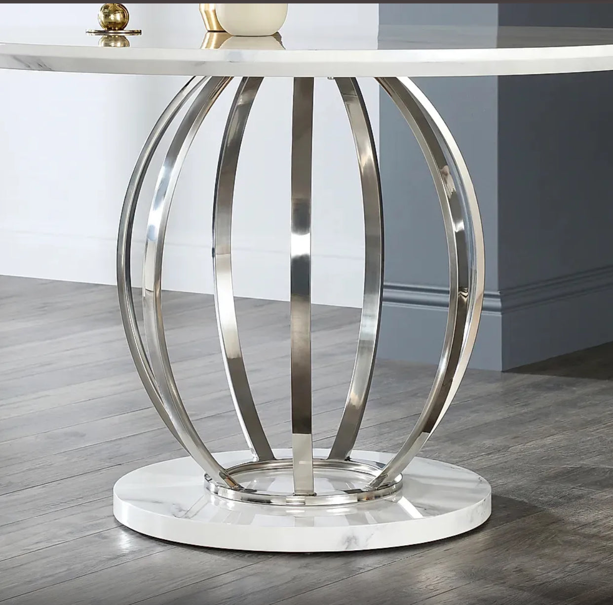 DANNA DINING TABLE WHITE MARBLE TOP with 4CHAIR on grey leather look