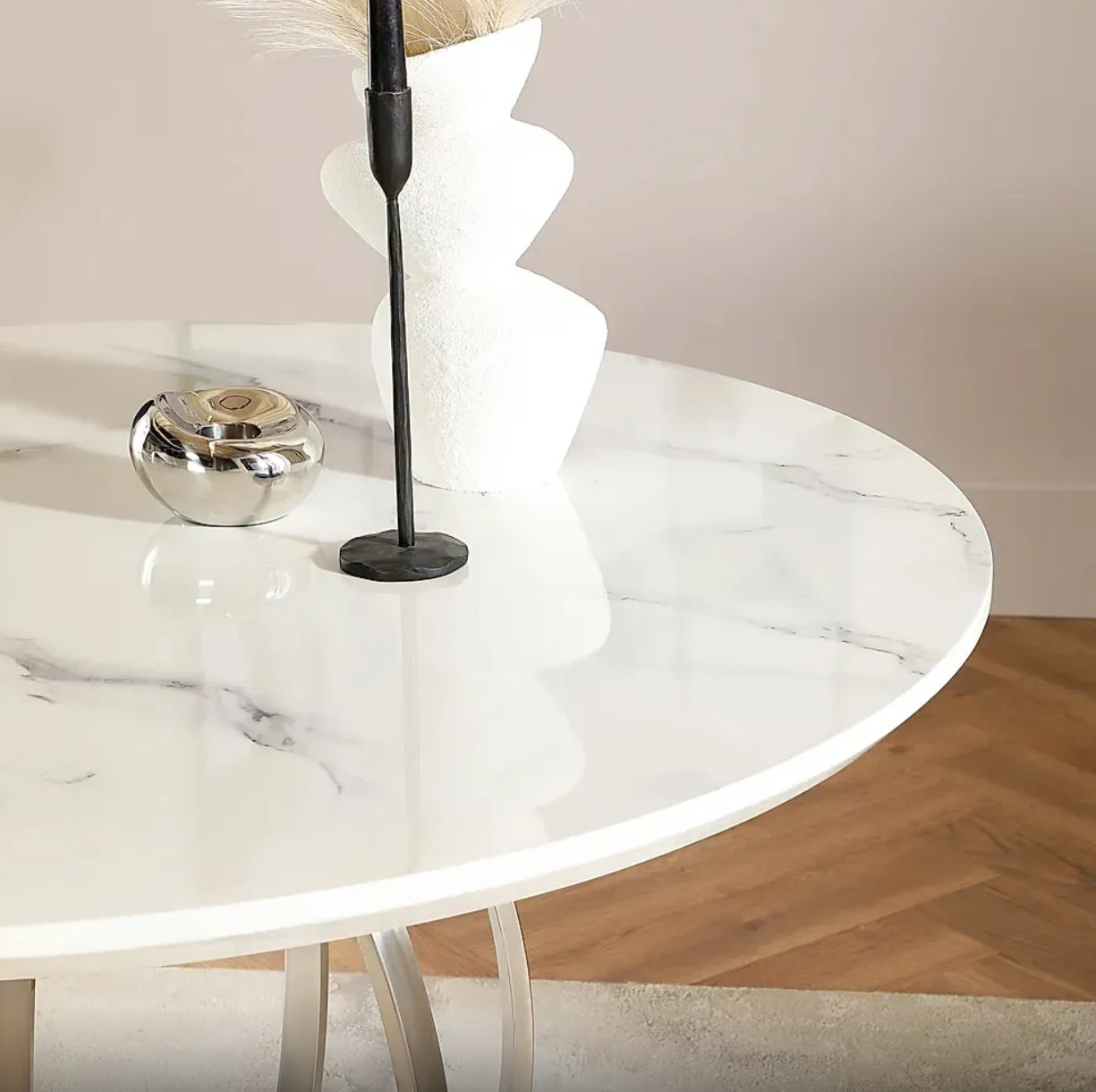 DANNA DINING TABLE WHITE MARBLE TOP with 4CHAIR on grey leather look