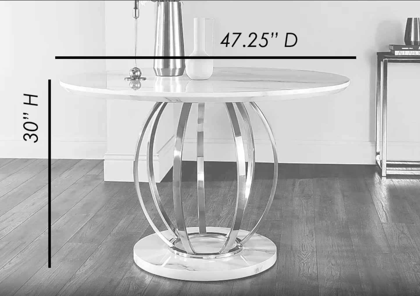 DANNA DINING TABLE WHITE MARBLE TOP with 4CHAIR on grey leather look