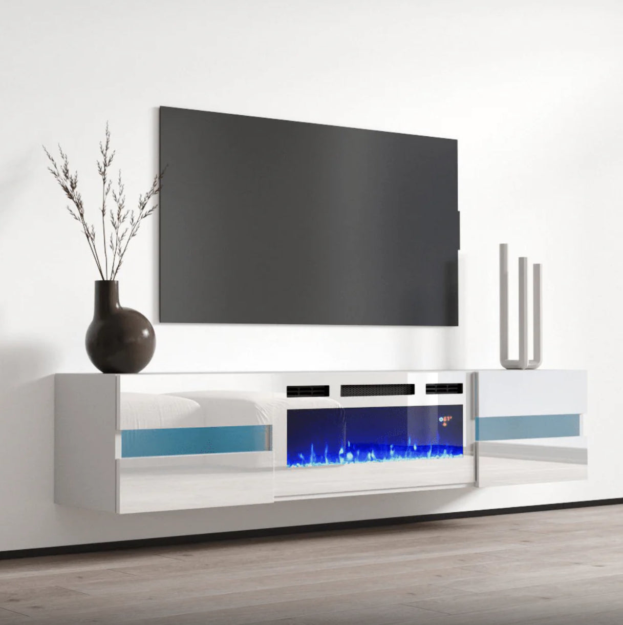 Floating Metro TV102-243 White LED with fireplace