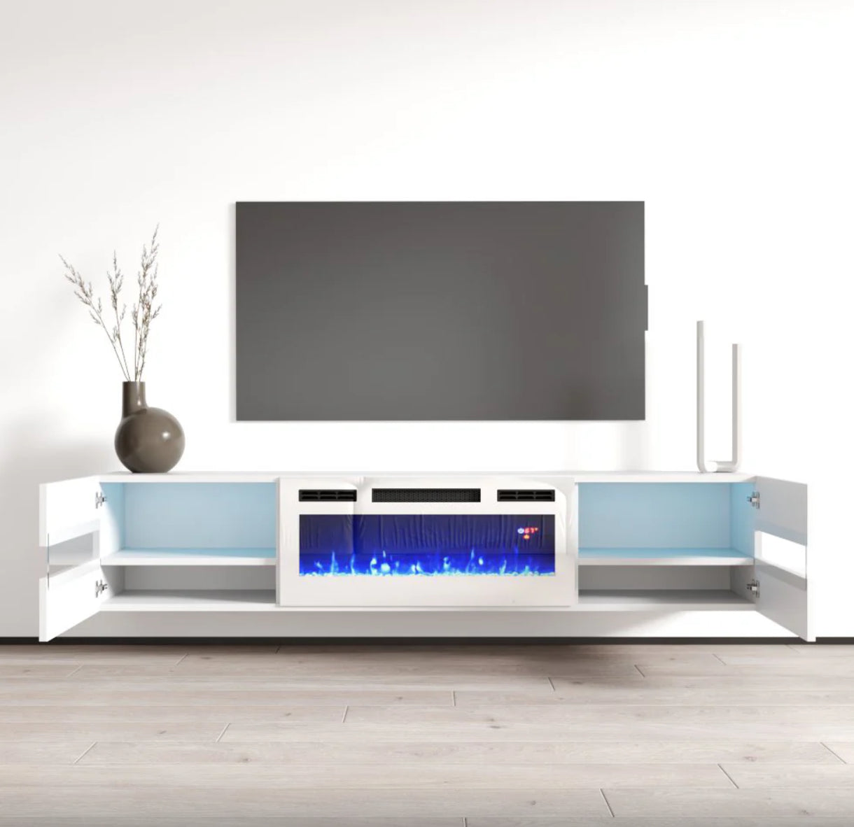 Floating Metro TV102-243 White LED with fireplace