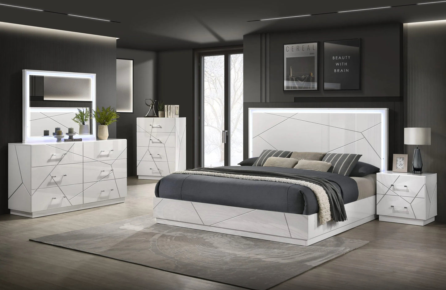 Dubai Bedroom Set Queen LED SKU: DUBAI set queen 4 pcs - QUEEN bed, 1 Nightstand, 1 Dresser, 1 mirror